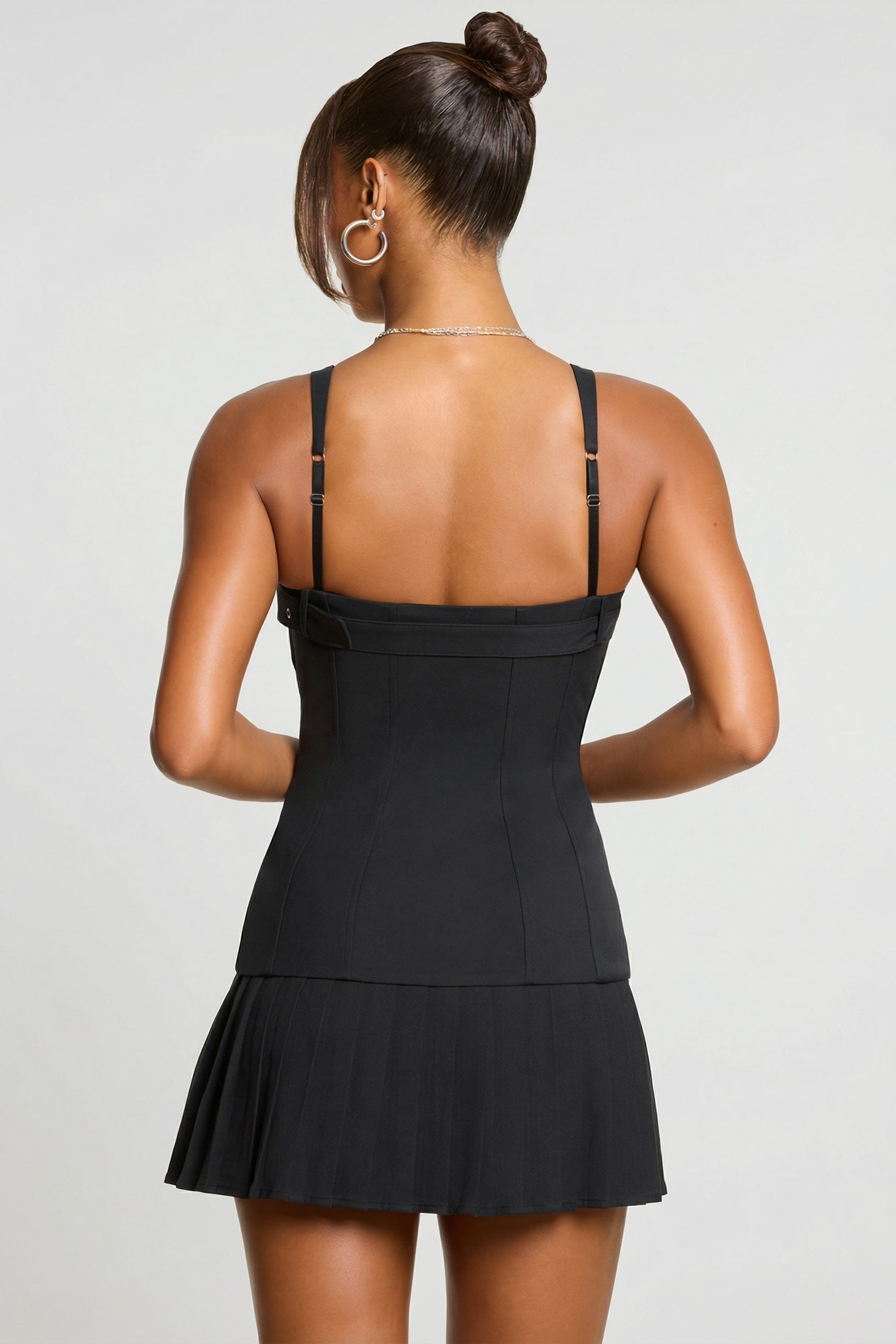 Brushed Twill Drop Waist Kilt Mini Dress in Black - 2