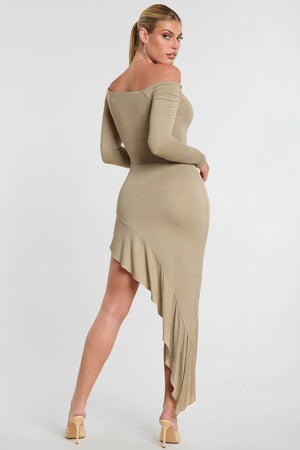 Oh Polly's Kiele wearing the Roxana Maxi Dress in Taupe Modal fabric perfect for rooftop brunches