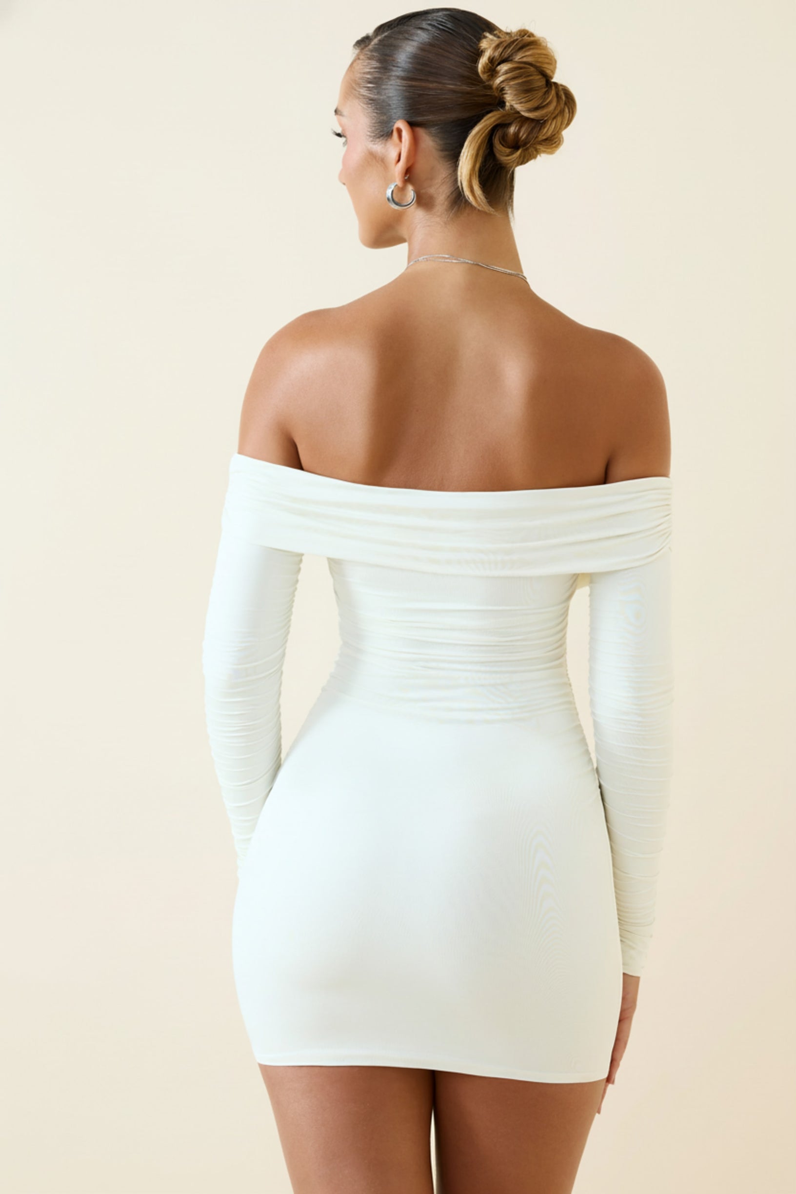 Off-Shoulder Ruched Bodycon Mini Dress in Vanilla - 2