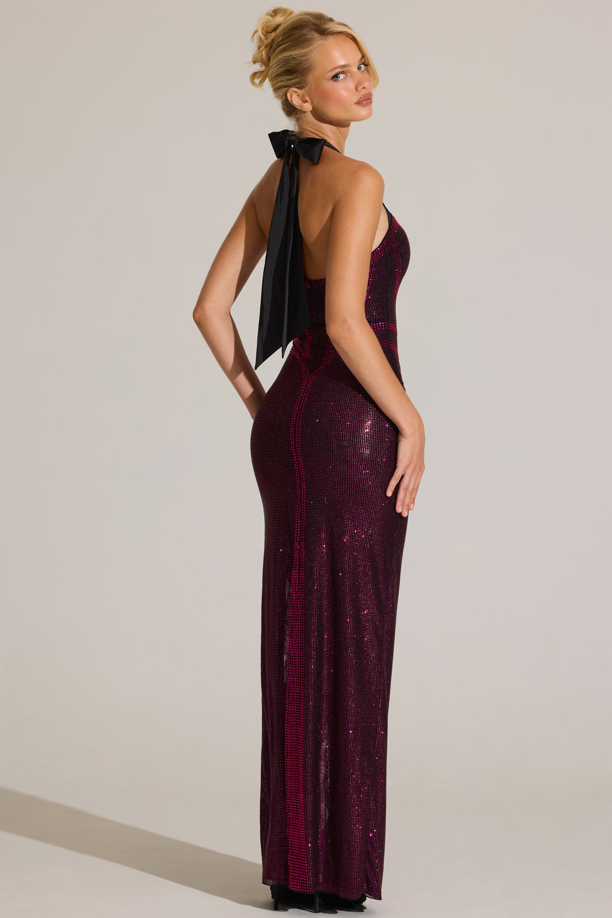 Embellished Halterneck Maxi Dress in Fuchsia Pink