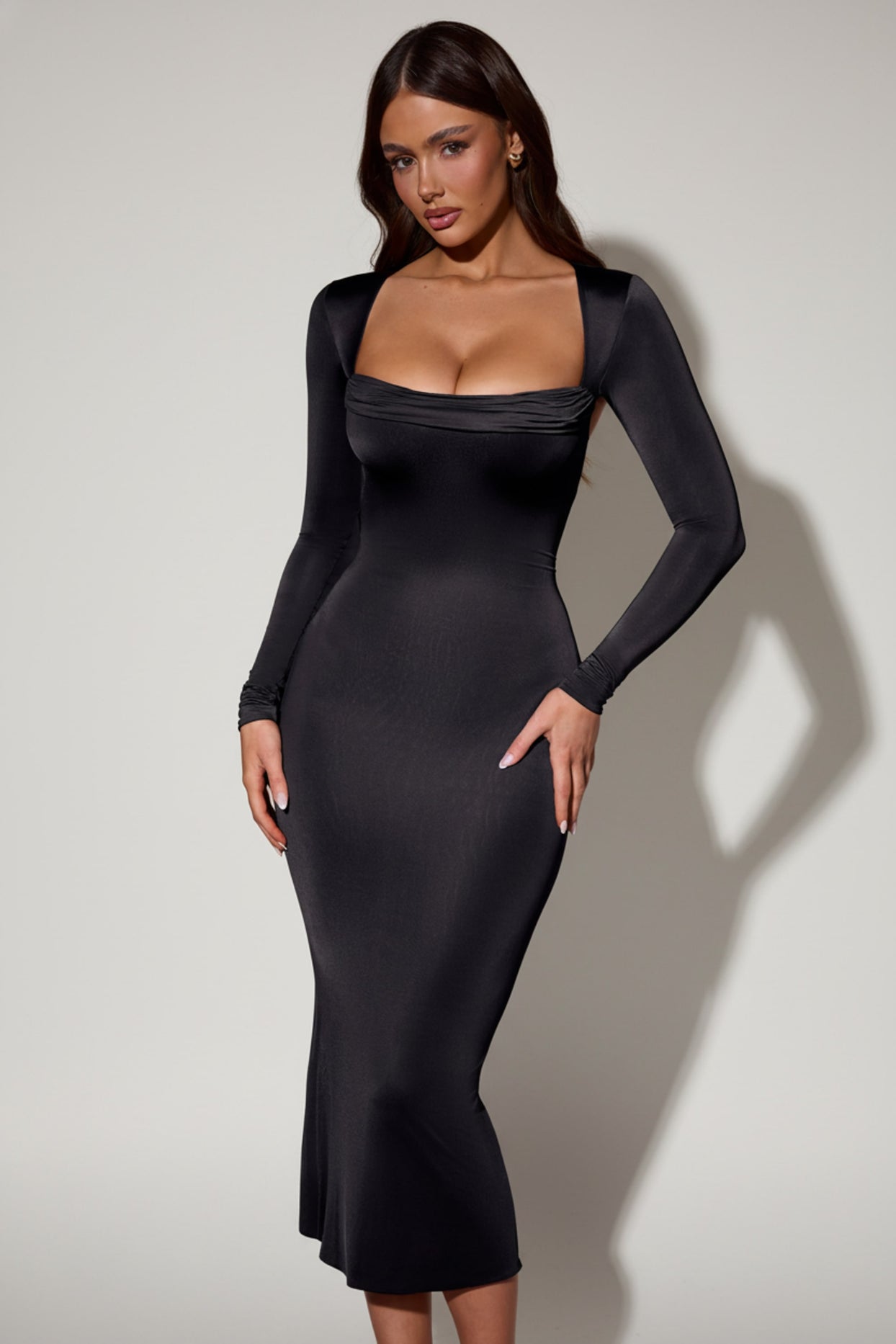 Cowl-Neck Long-Sleeve Midaxi Dress in Black - 1
