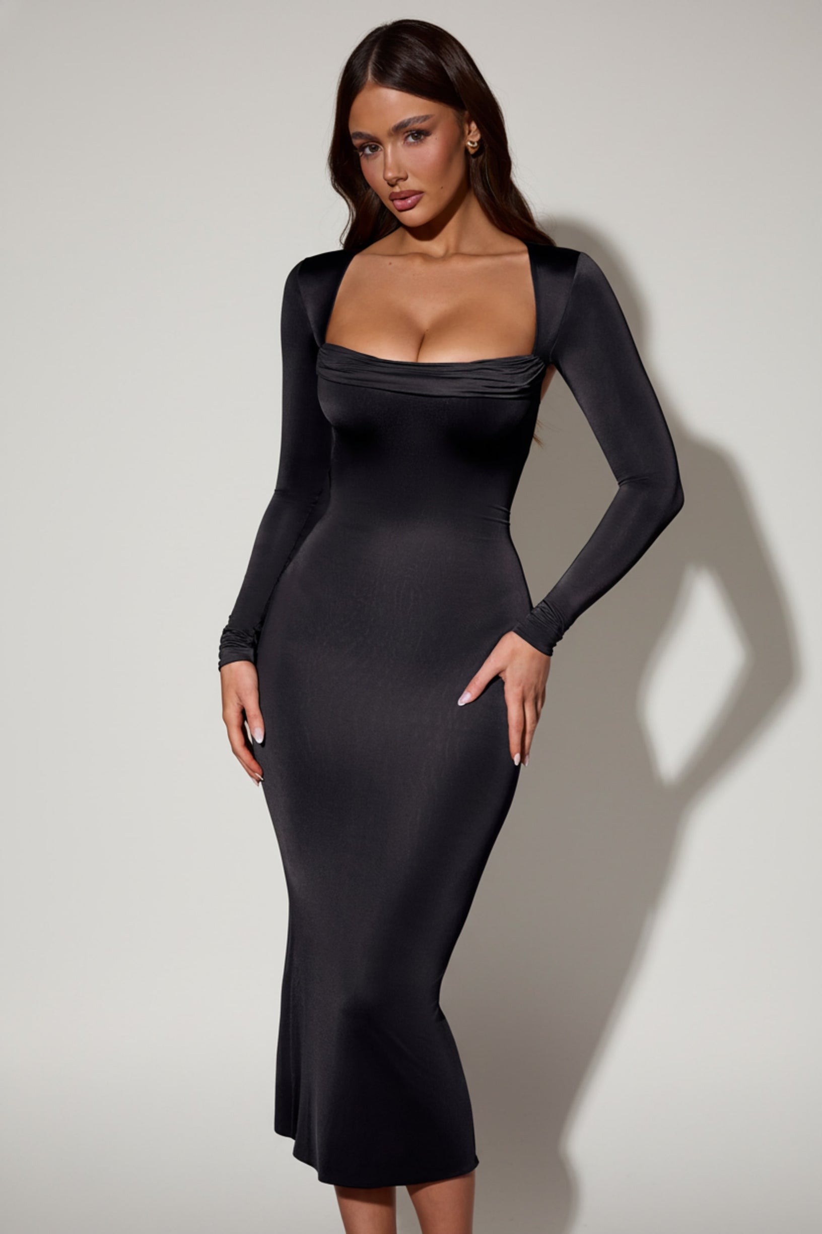 Cowl-Neck Long-Sleeve Midaxi Dress in Black - 1