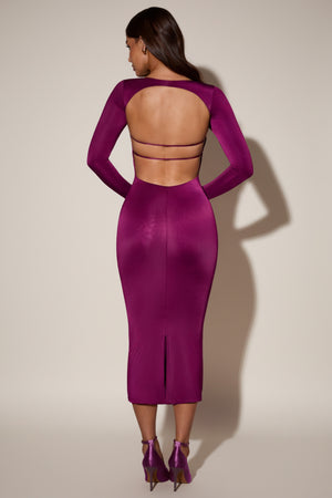 Cowl-Neck Long-Sleeve Midaxi Dress in Plum