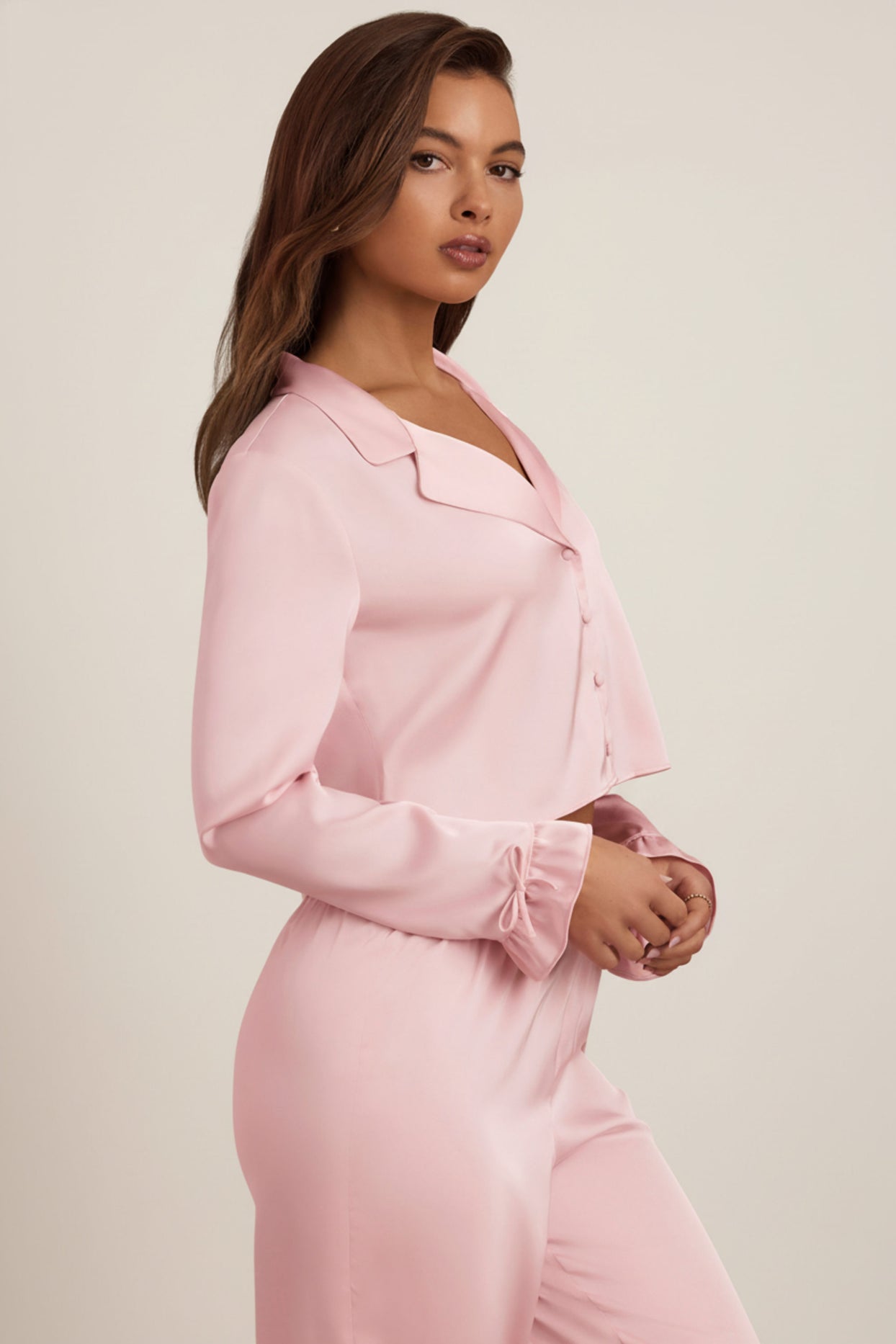 Ruffle-Trim Cropped Pyjama Top in Baby Pink - 3