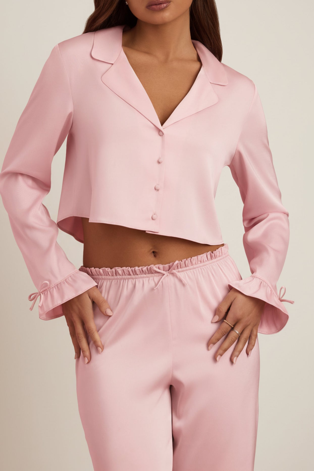Ruffle-Trim Cropped Pyjama Top in Baby Pink - 4