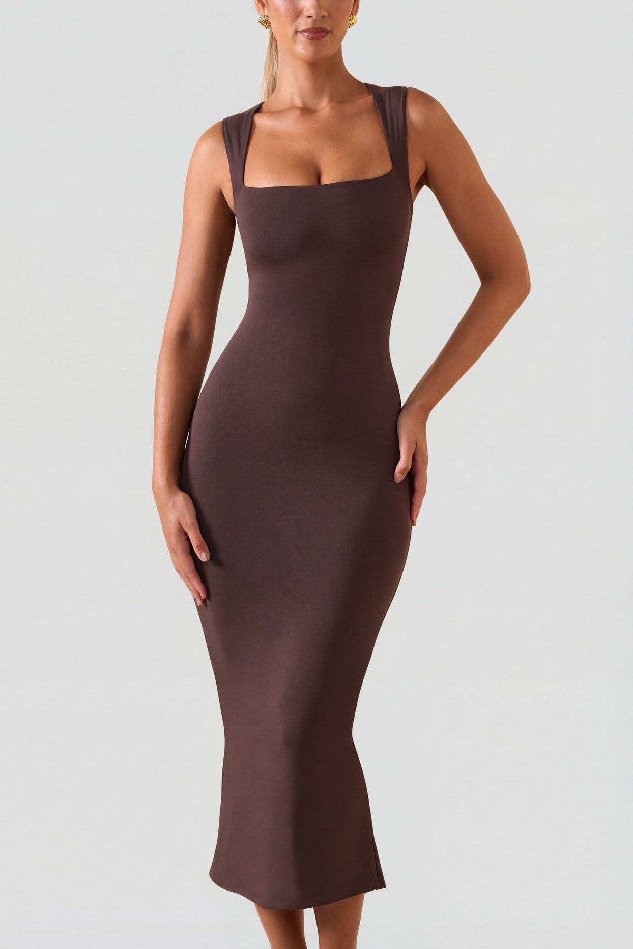 Square Neck Midi Dress in Chocolate Brown - 4