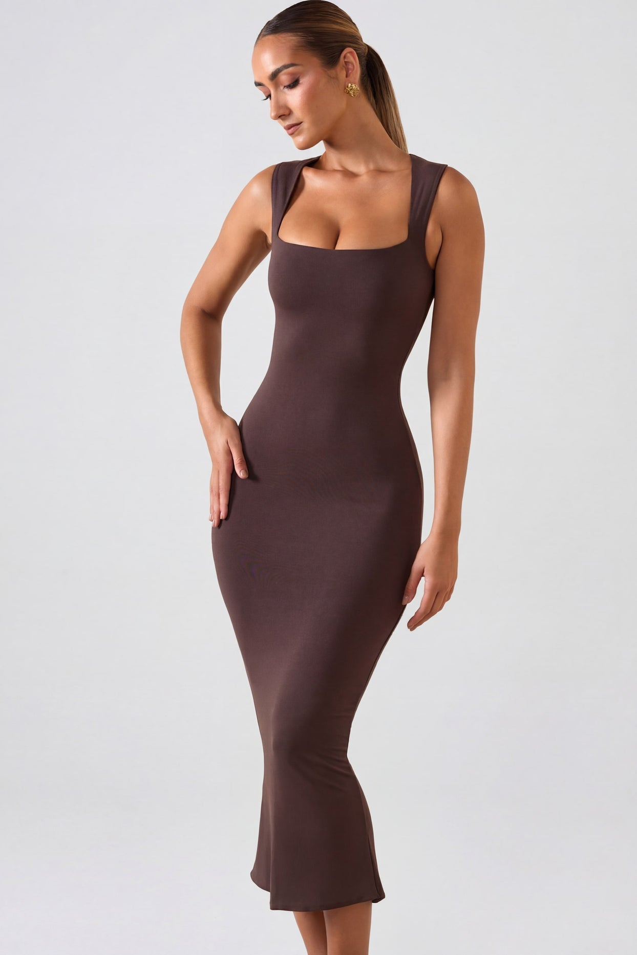 Square Neck Midi Dress in Chocolate Brown - 5
