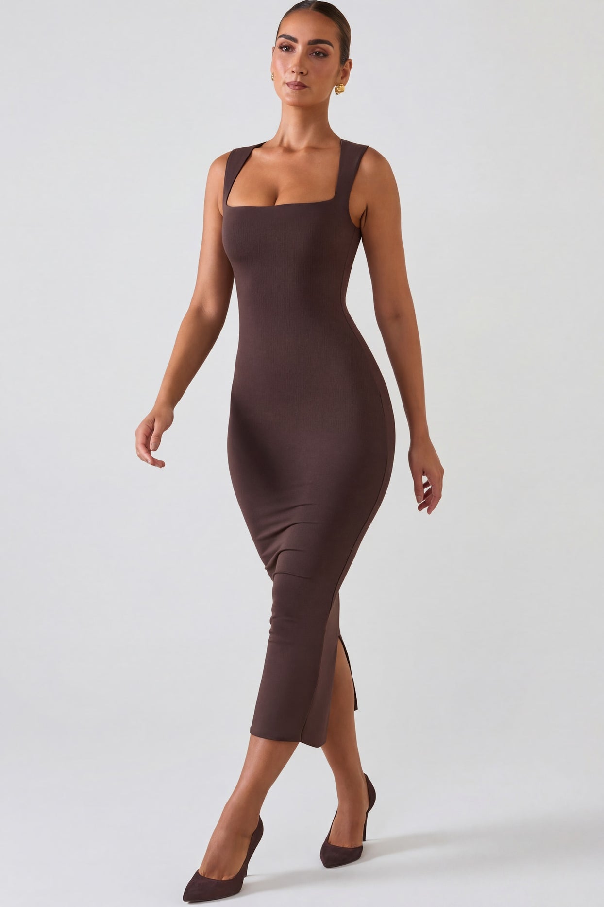 Square Neck Midi Dress in Chocolate Brown - 6