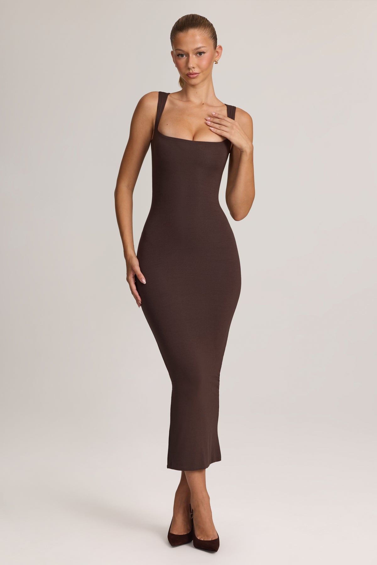 Modal Bodycon Midi Dress in Chocolate Brown - 1