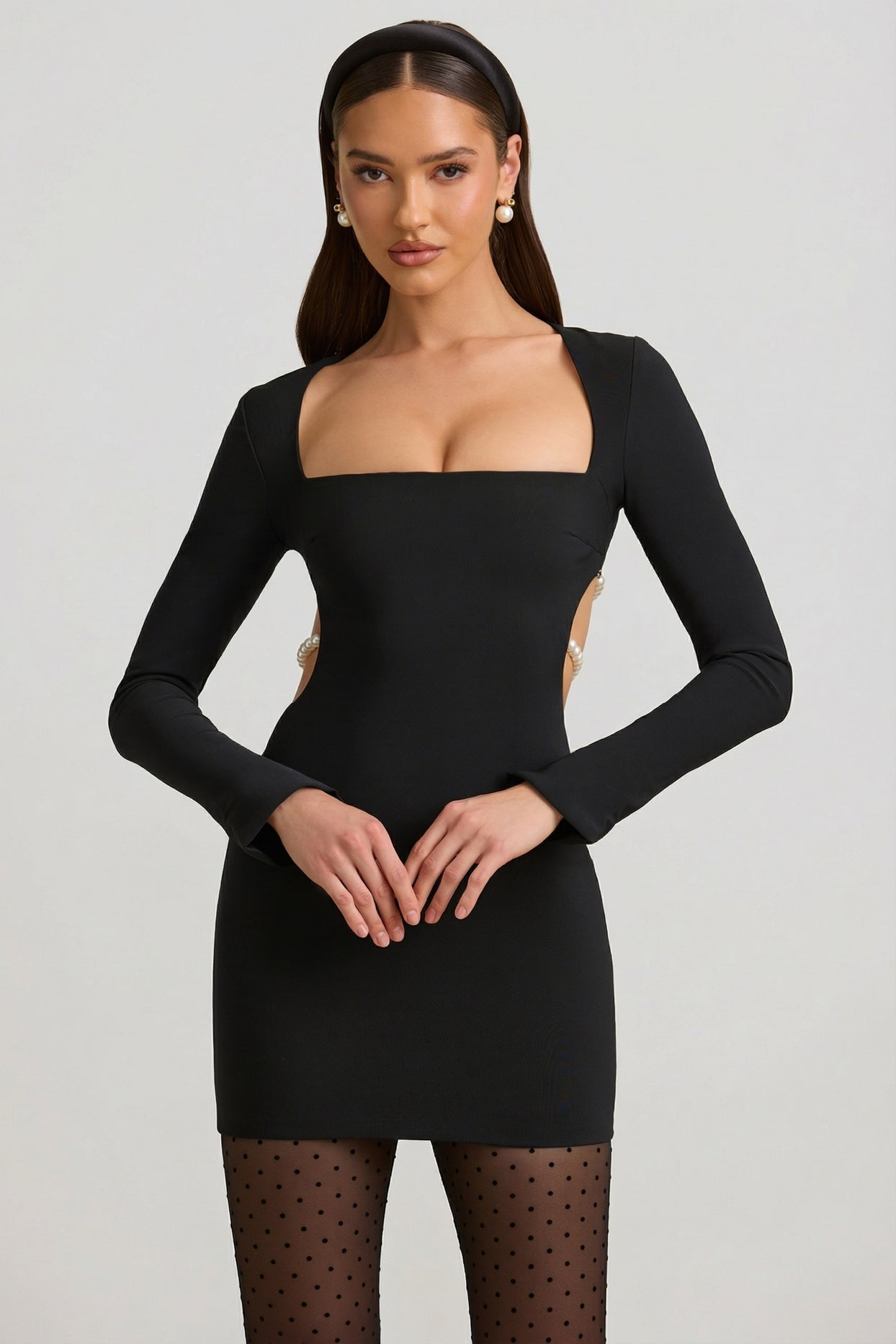 Pearl-Detail Cut-Out Mini Dress in Black - 7