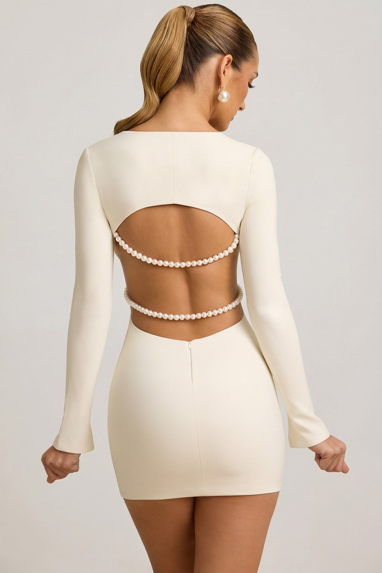 Pearl-Detail Cut-Out Mini Dress in Ivory - 2
