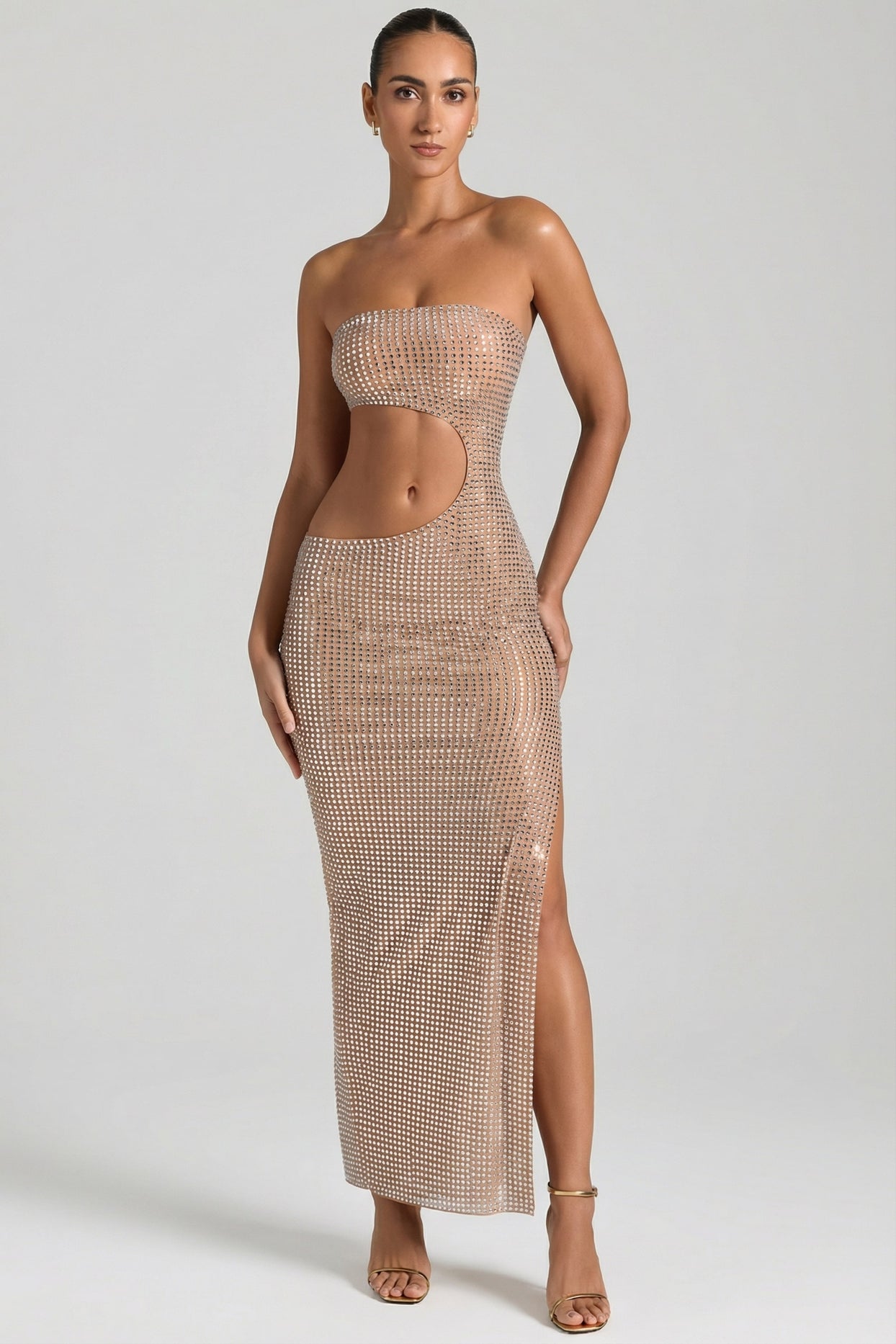Embellished Cut-Out Bandeau Maxi Dress in Honey - 1