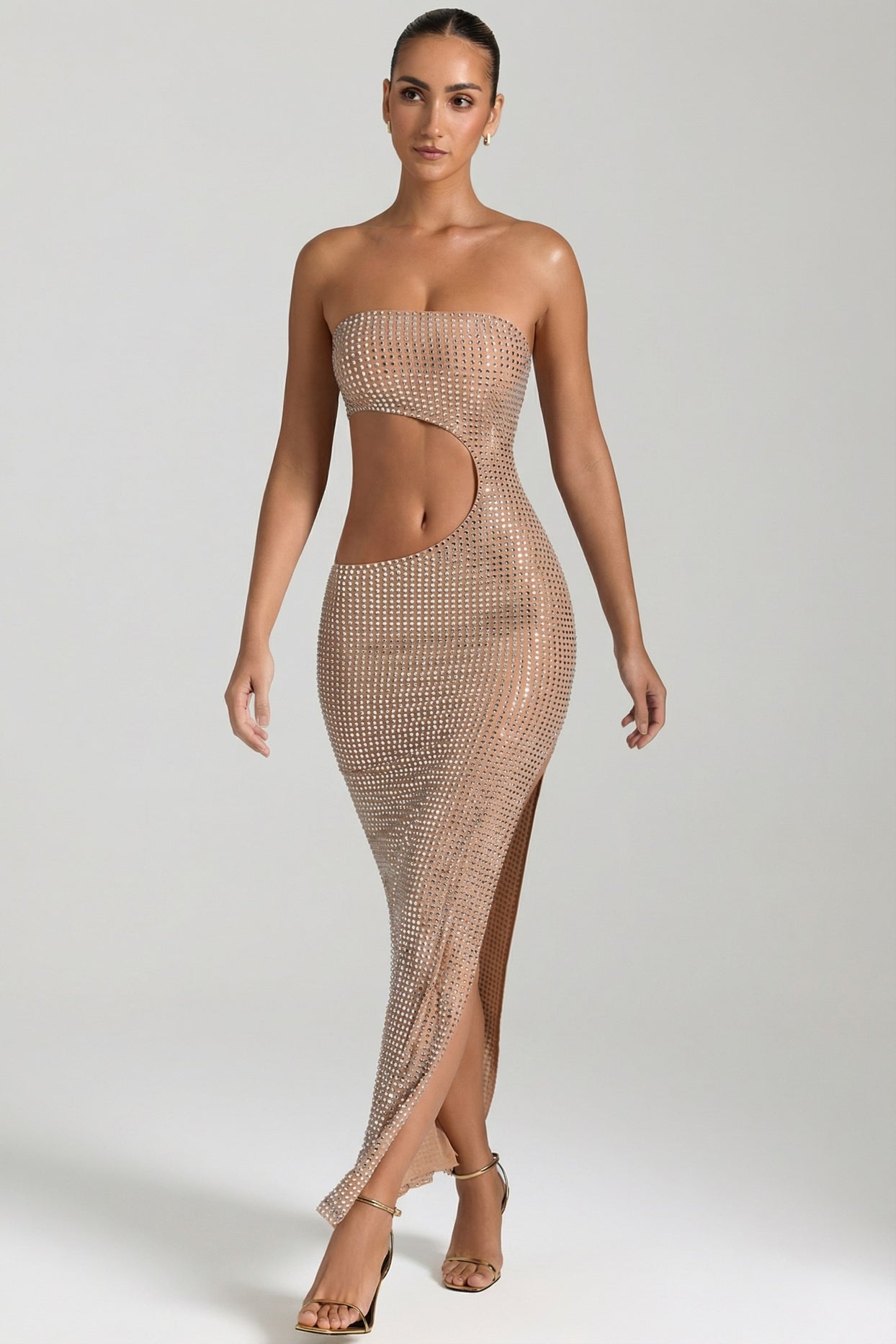 Embellished Cut-Out Bandeau Maxi Dress in Honey - 4