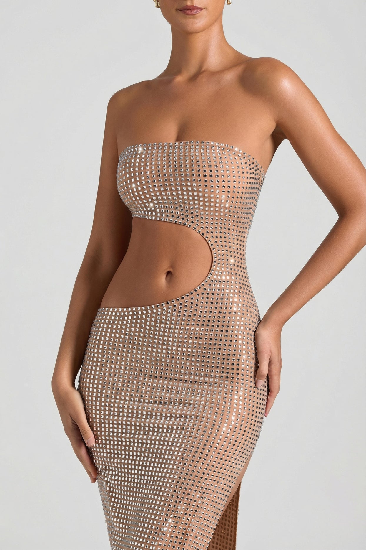 Embellished Cut-Out Bandeau Maxi Dress in Honey - 3