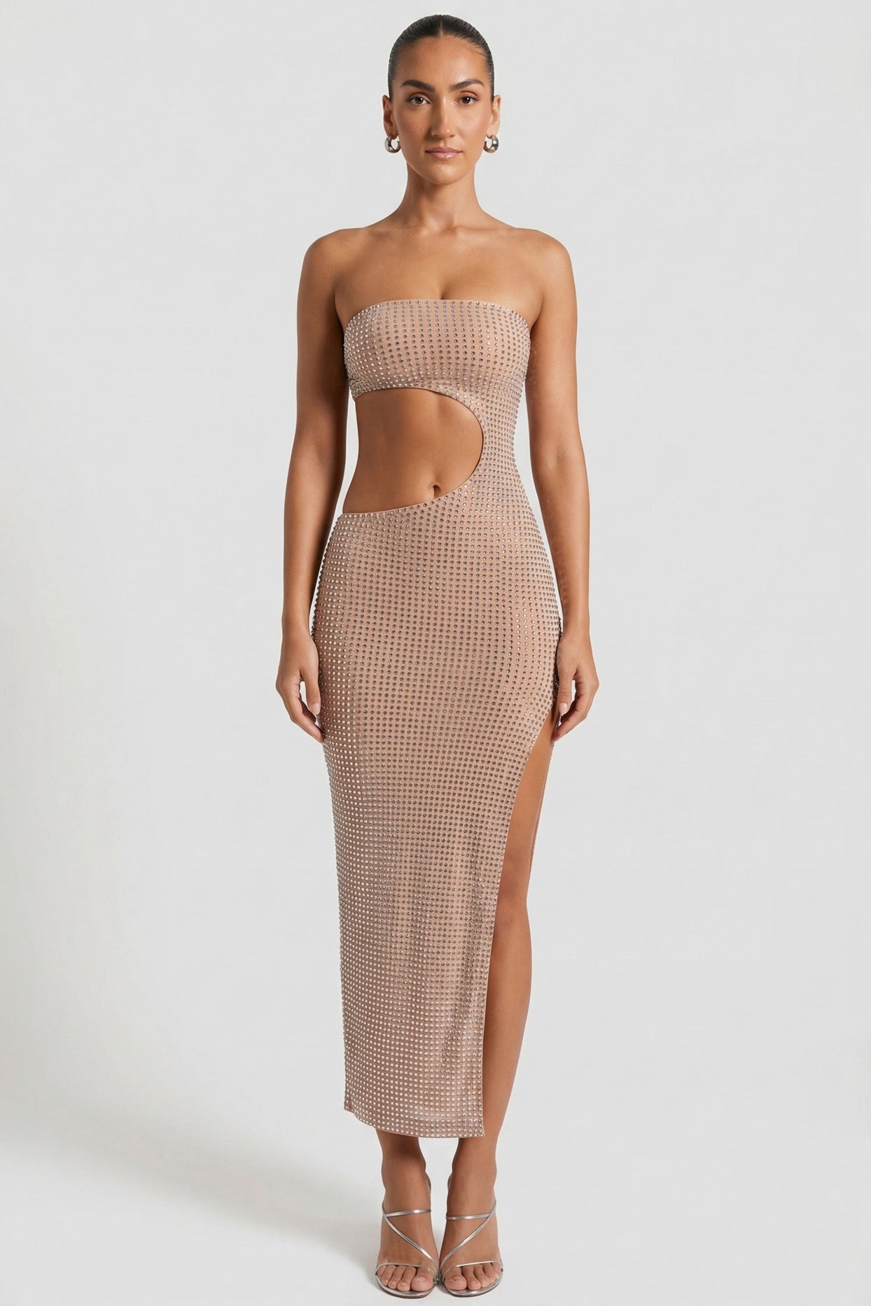 Embellished Cut-Out Bandeau Maxi Dress in Honey - 6