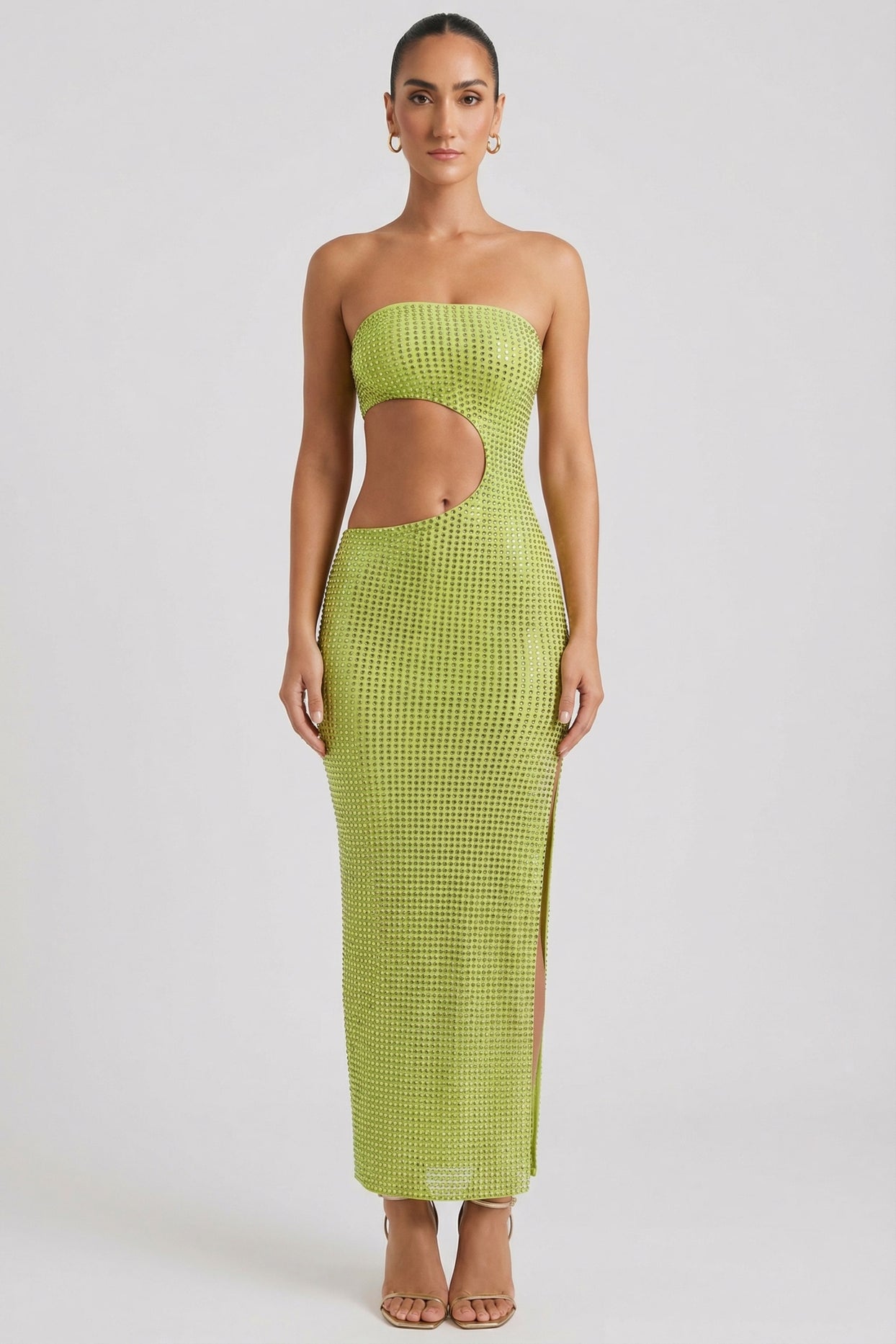 Embellished Cut-Out Bandeau Maxi Dress in Pear Green - 7