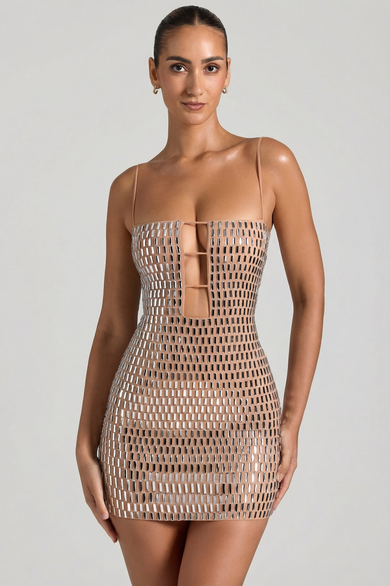 Embellished Cut-Out Mini Dress in Honey - 1