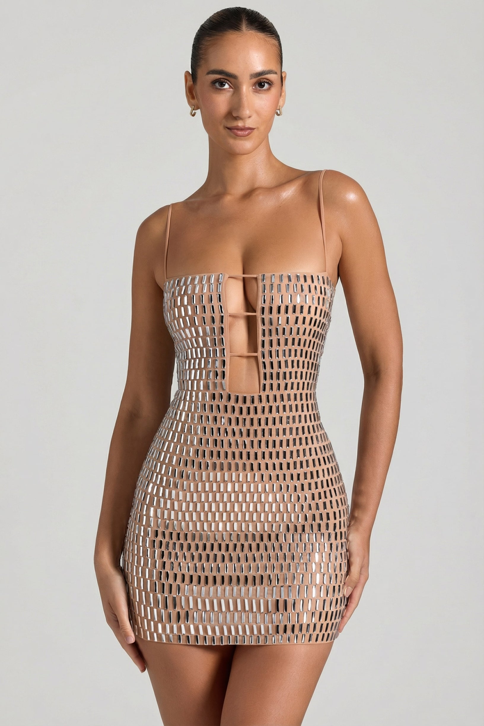 Embellished Cut-Out Mini Dress in Honey - 1