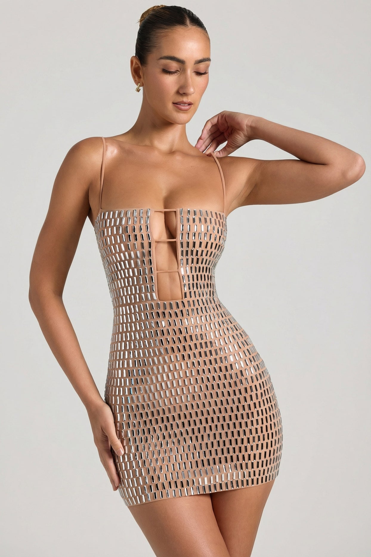 Embellished Cut-Out Mini Dress in Honey - 4