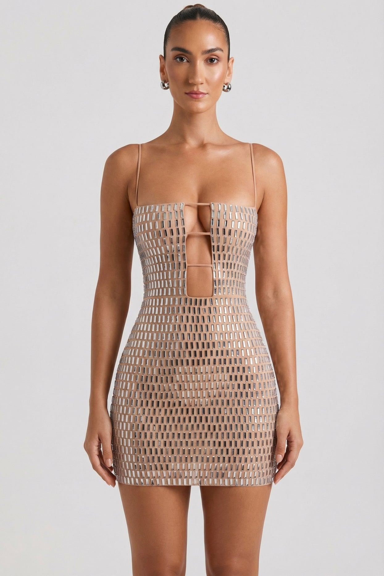 Embellished Cut-Out Mini Dress in Honey - 6