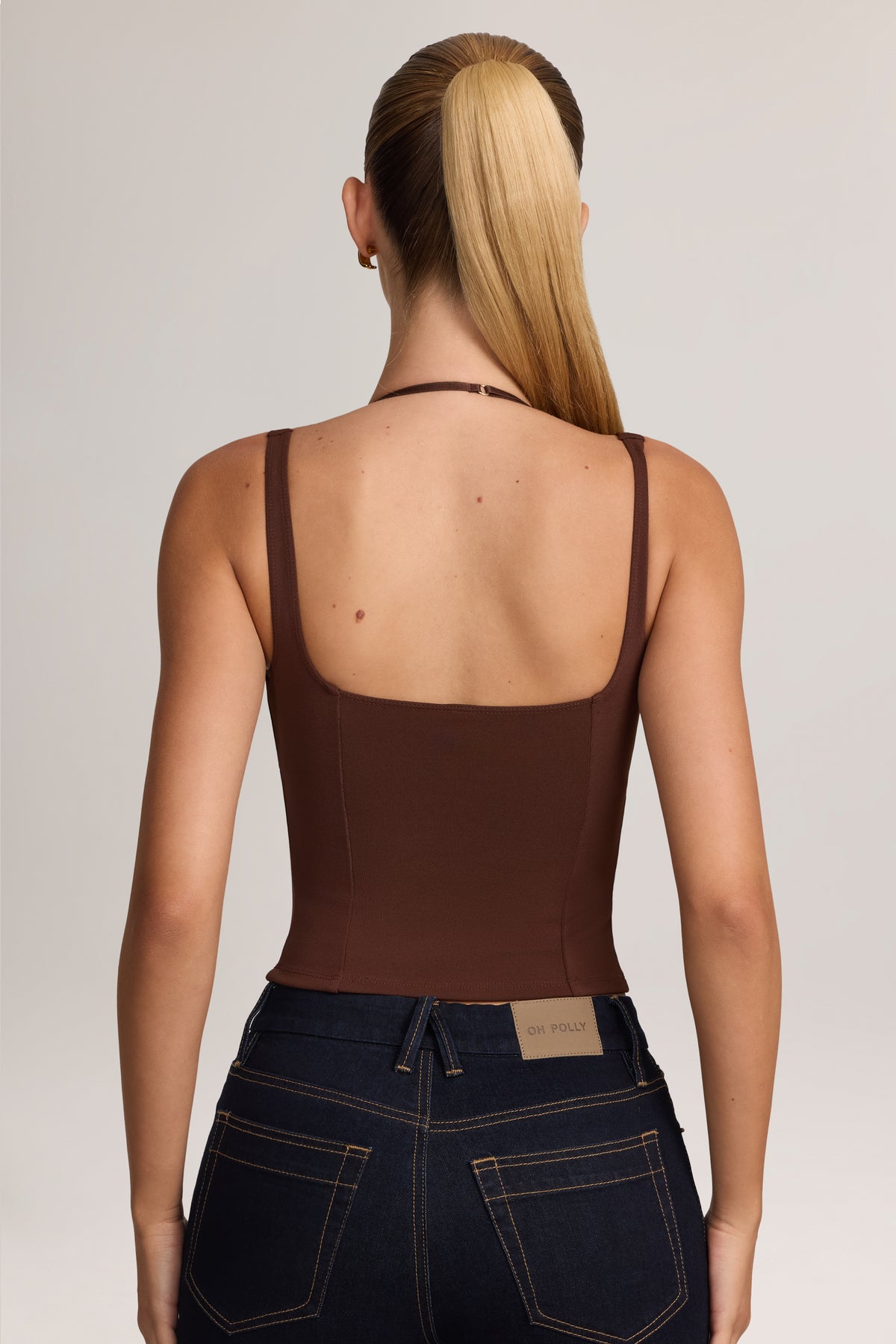 Ponte Peekabo Lace Tank Top in Cocoa Brown
