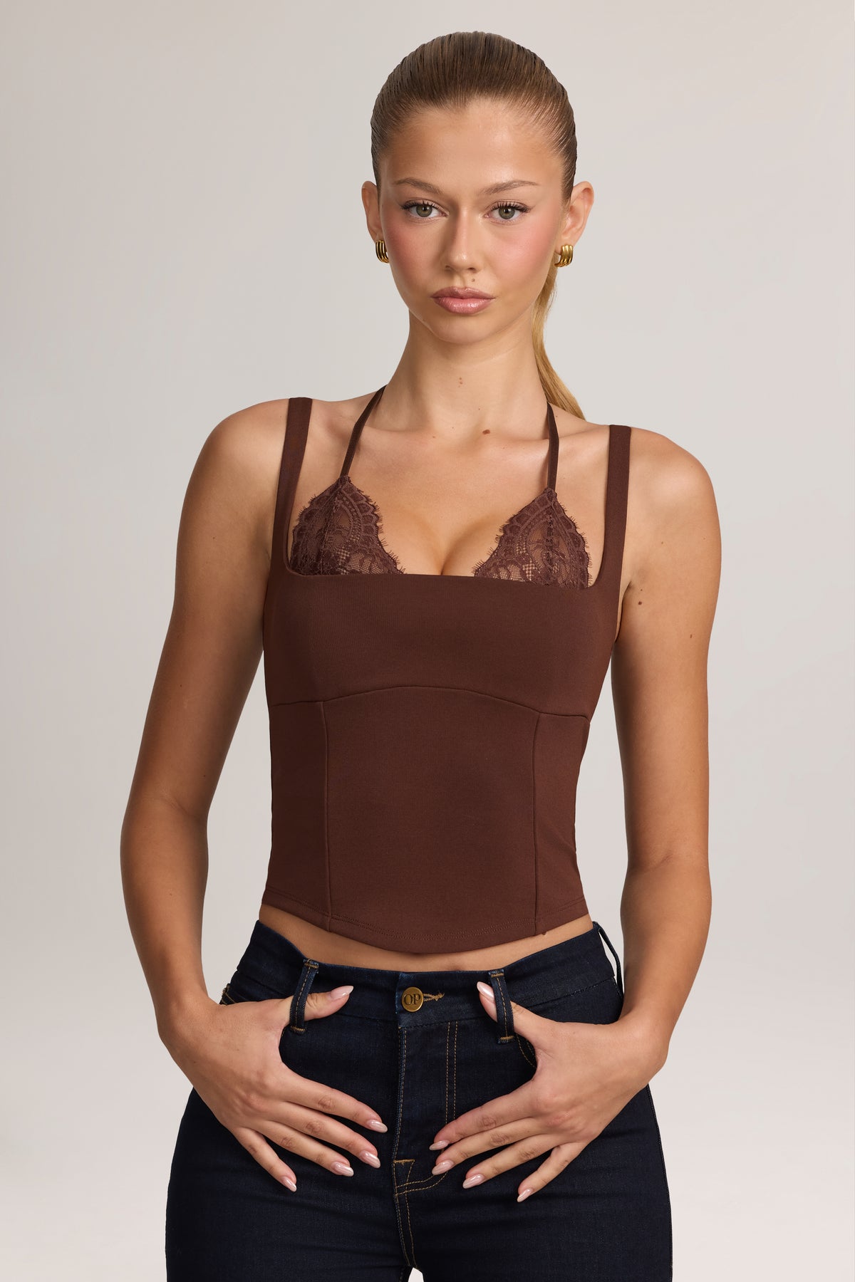 Ponte Peekabo Lace Tank Top in Cocoa Brown