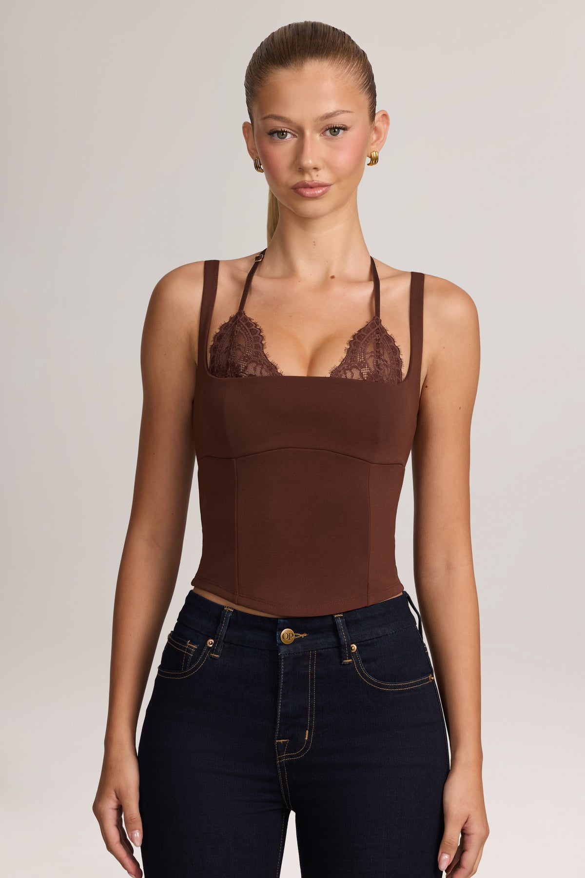 Ponte Peekabo Lace Tank Top in Cocoa Brown - 1