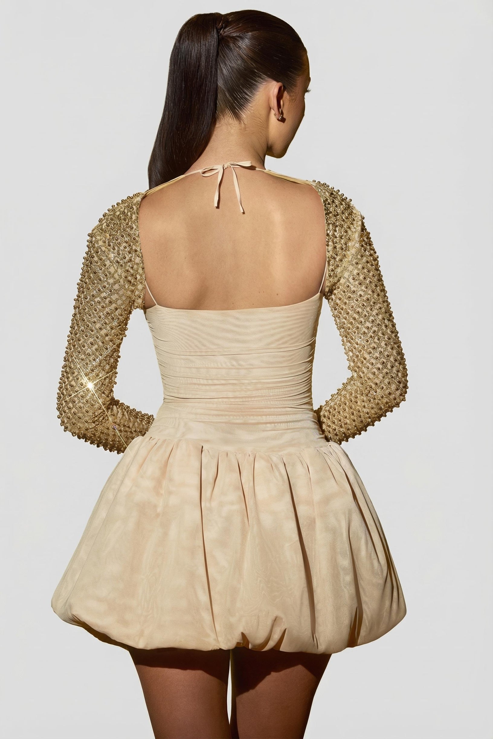 Embellished Bubble Hem Mini Dress in Gold - 2