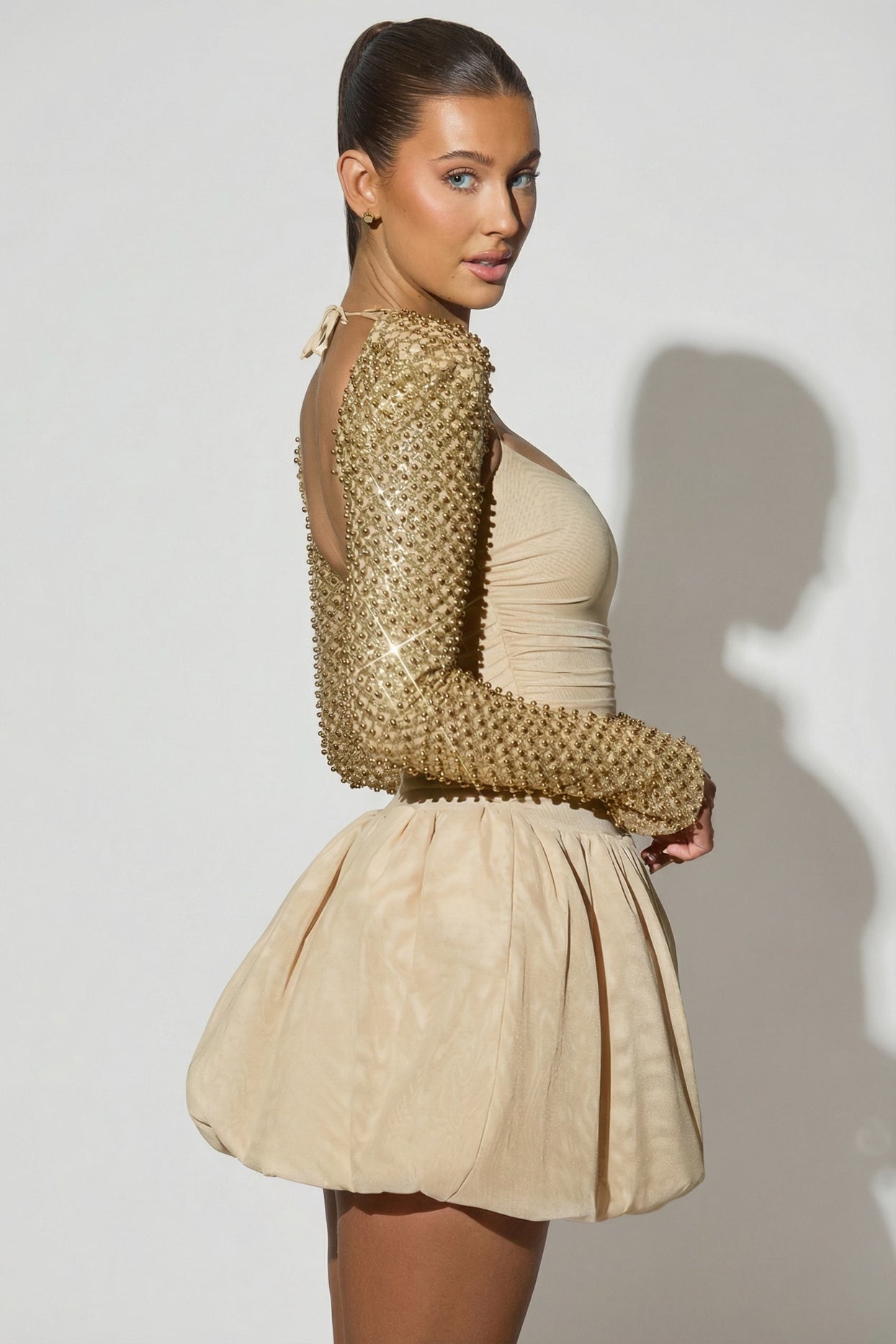 Embellished Bubble Hem Mini Dress in Gold - 5