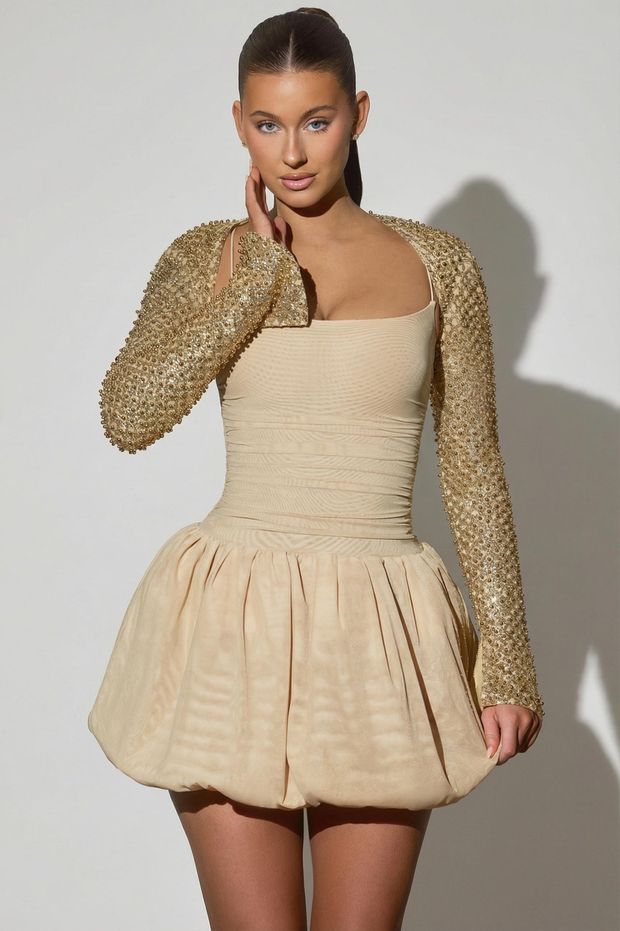 Embellished Bubble Hem Mini Dress in Gold - 7