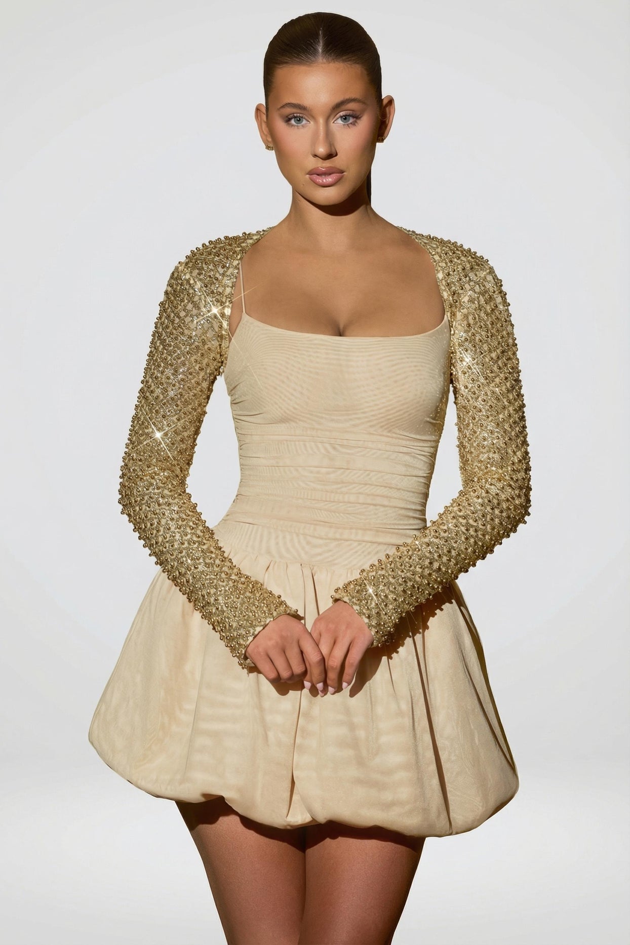 Embellished Bubble Hem Mini Dress in Gold - 8