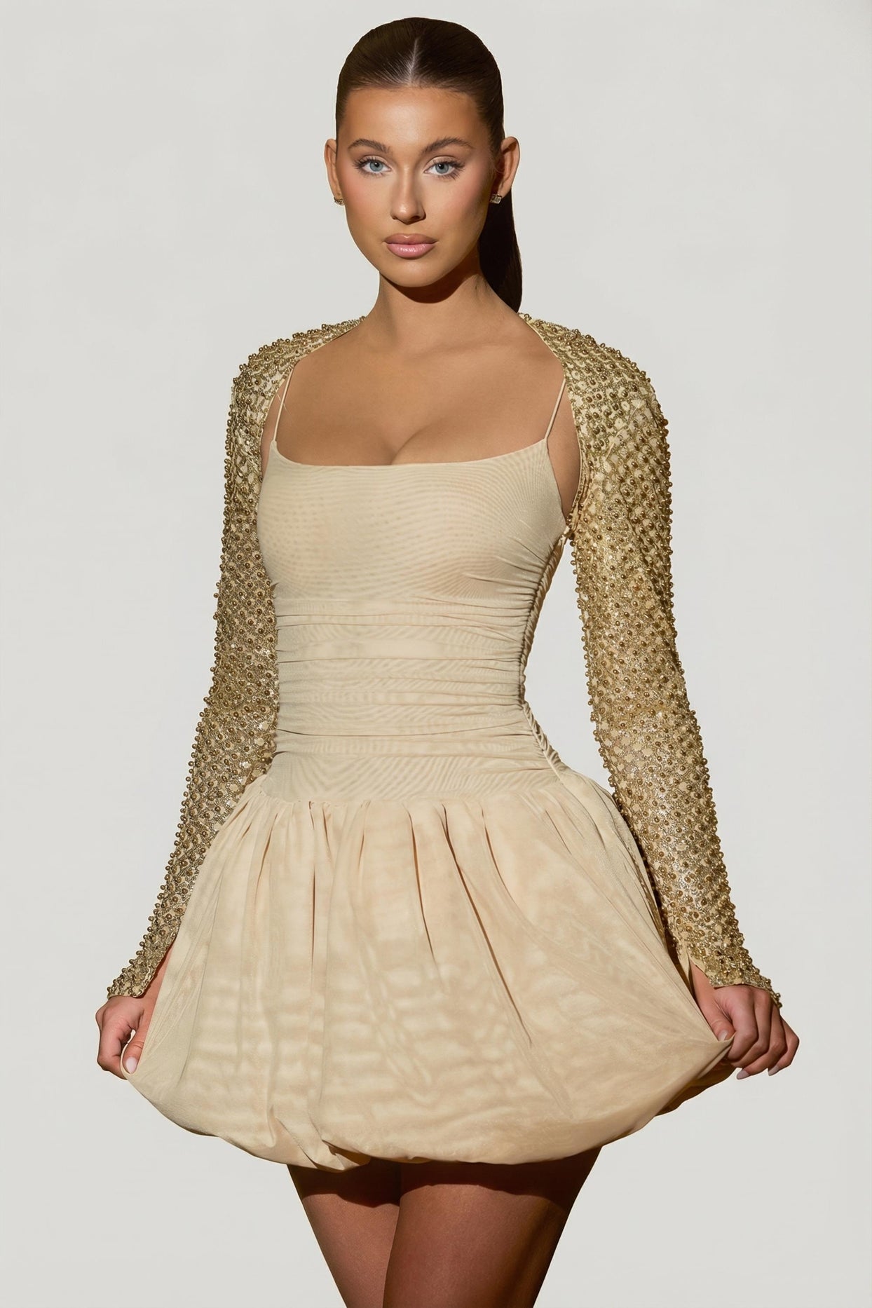 Embellished Bubble Hem Mini Dress in Gold - 1