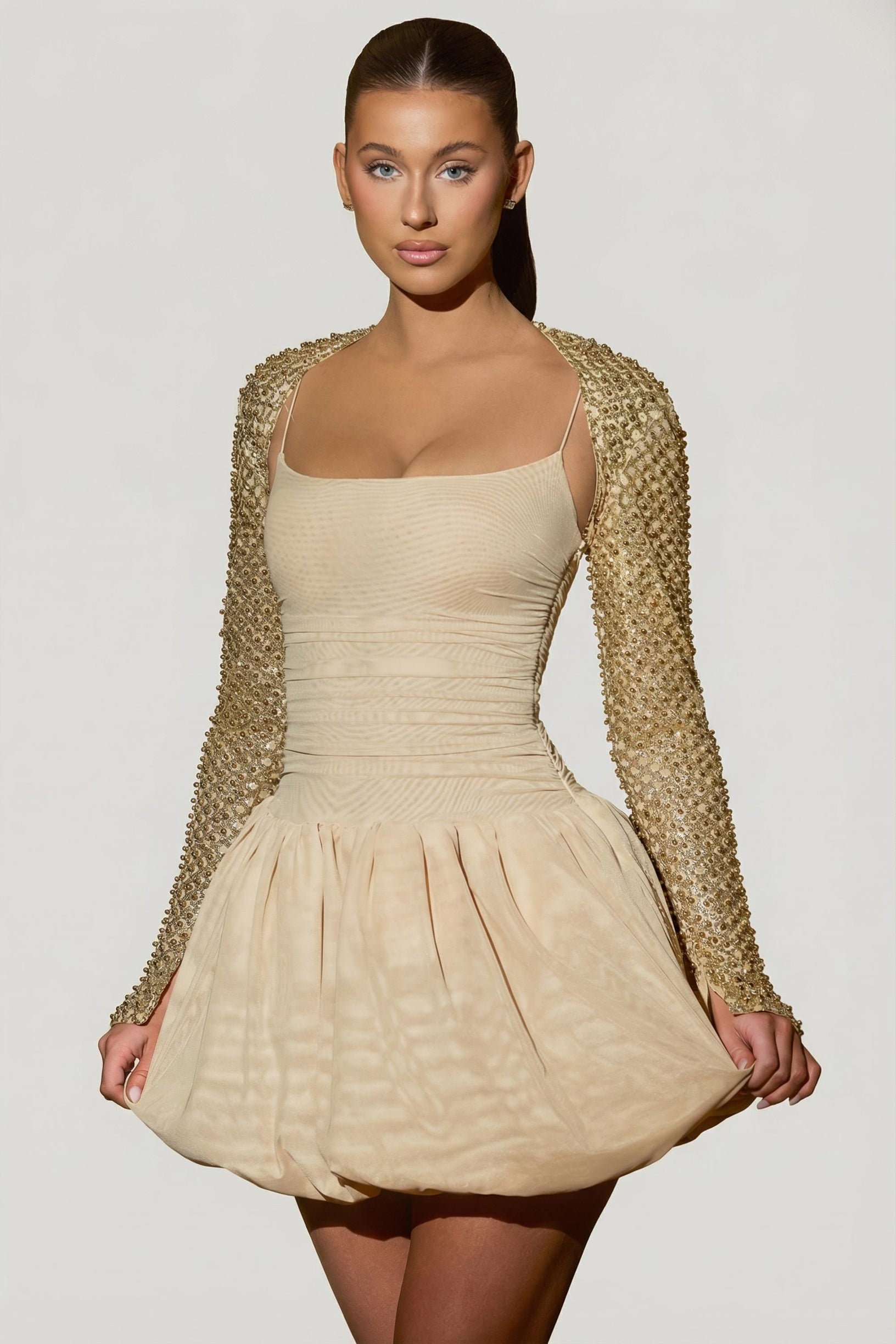 Embellished Bubble Hem Mini Dress in Gold - 1