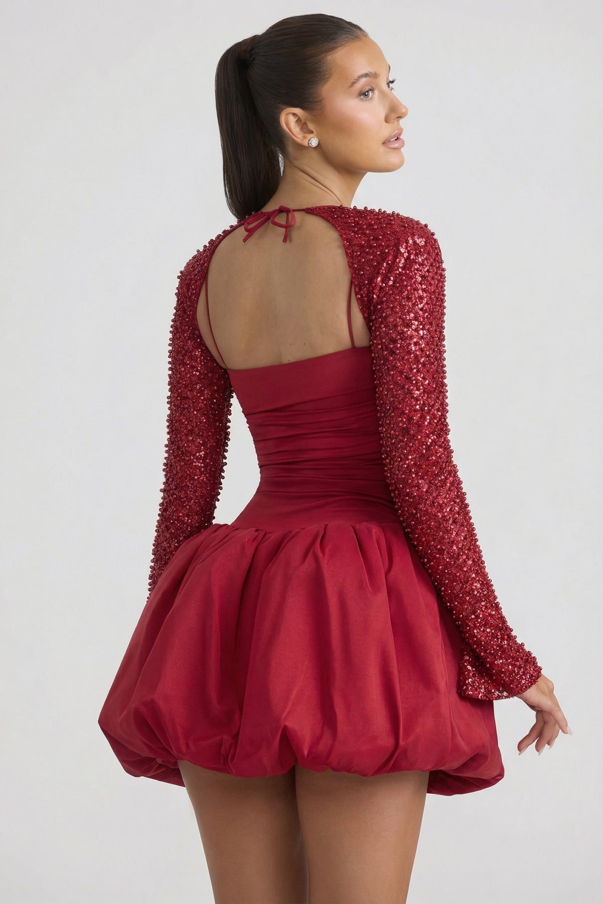 Embellished Bubble Hem Mini Dress in Red