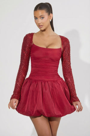 Embellished Bubble Hem Mini Dress in Red