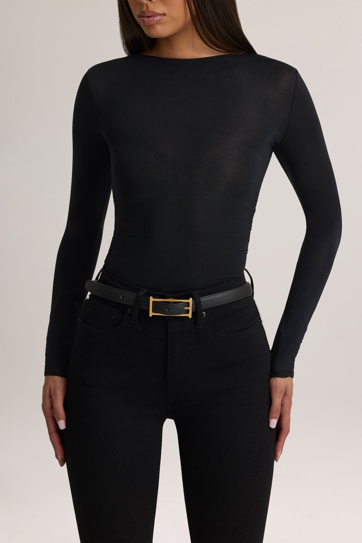 Modal Ruched Long-Sleeve Top in Black