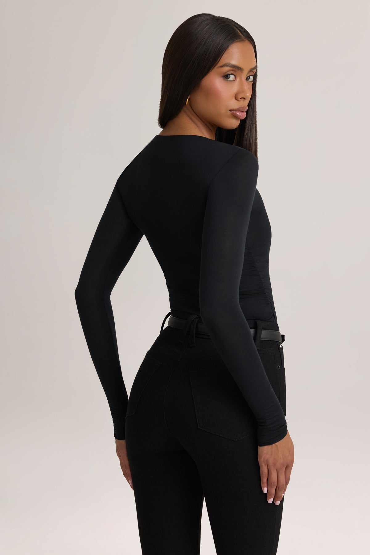 Modal Ruched Long-Sleeve Top in Black