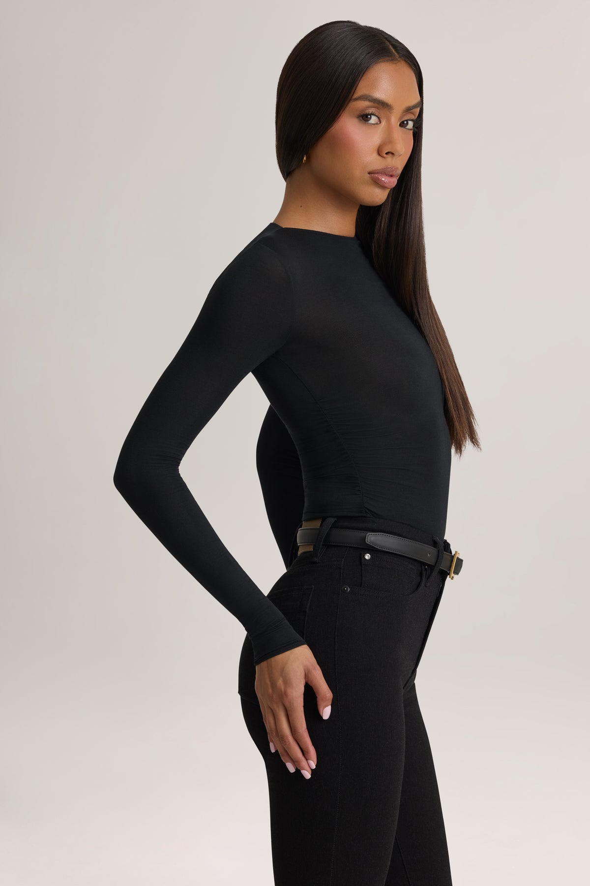 Modal Ruched Long-Sleeve Top in Black