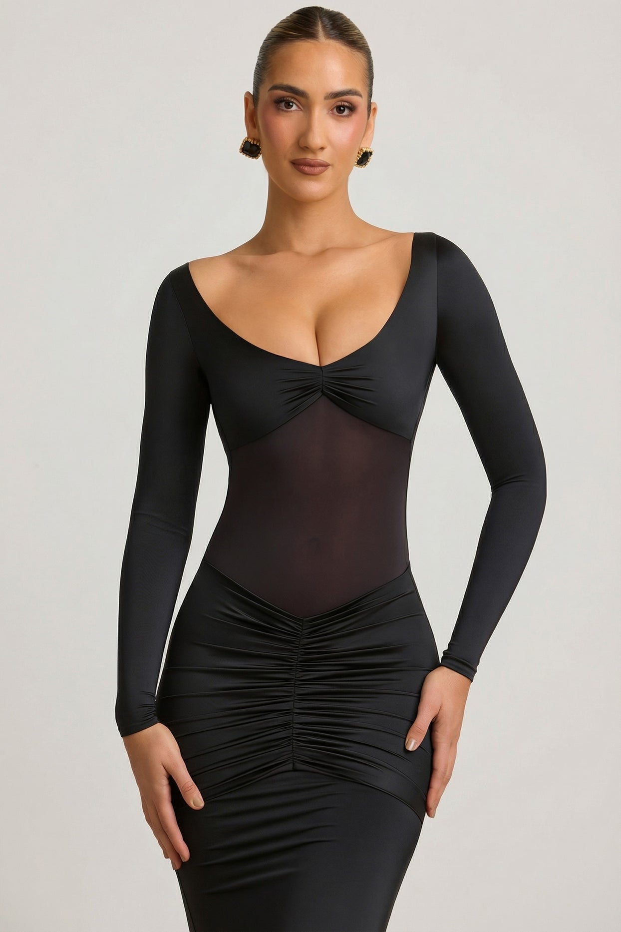 Bow-Detail Ruched Maxi Dress in Black - 3