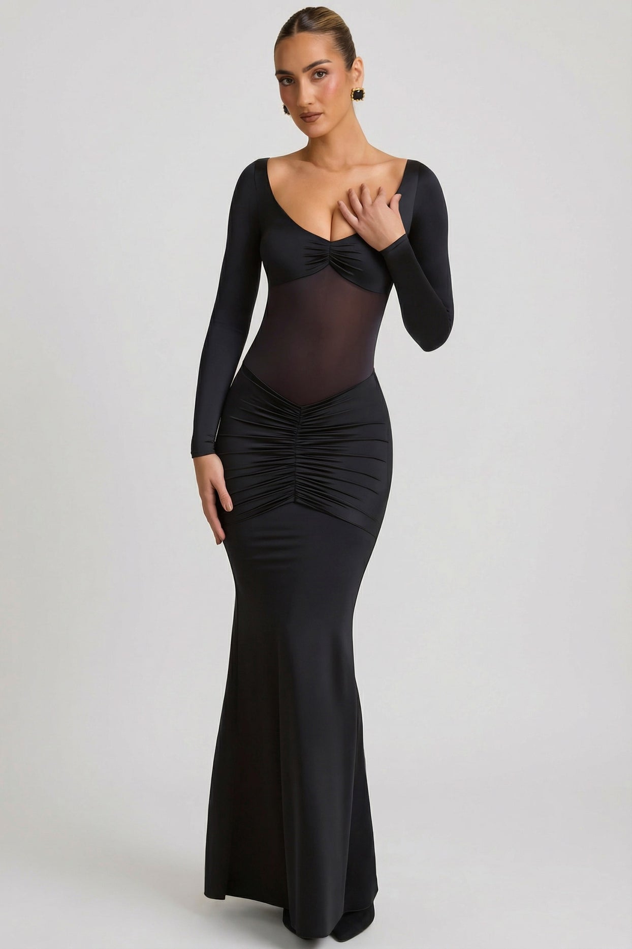 Bow-Detail Ruched Maxi Dress in Black - 5