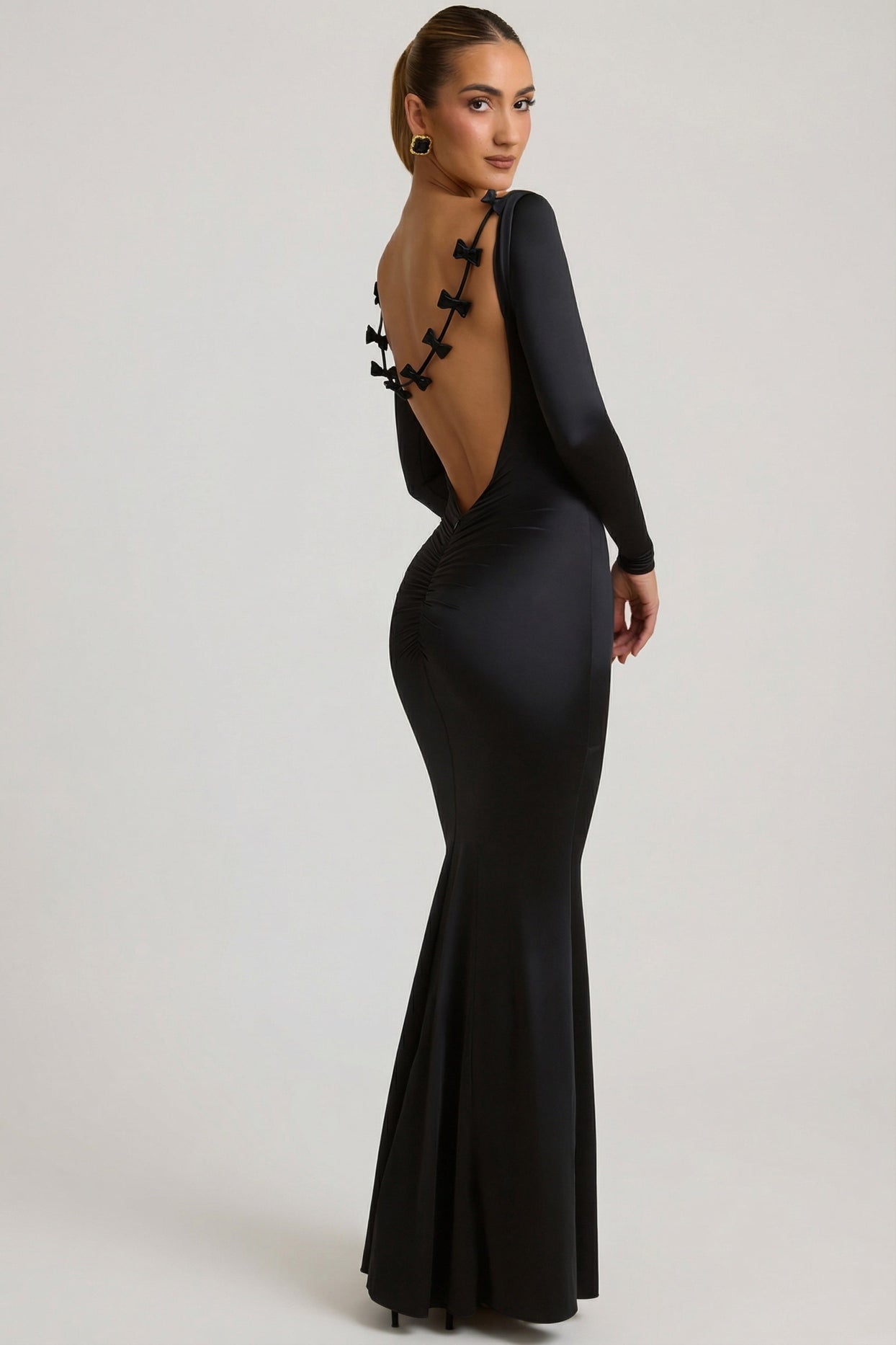 Bow-Detail Ruched Maxi Dress in Black - 1