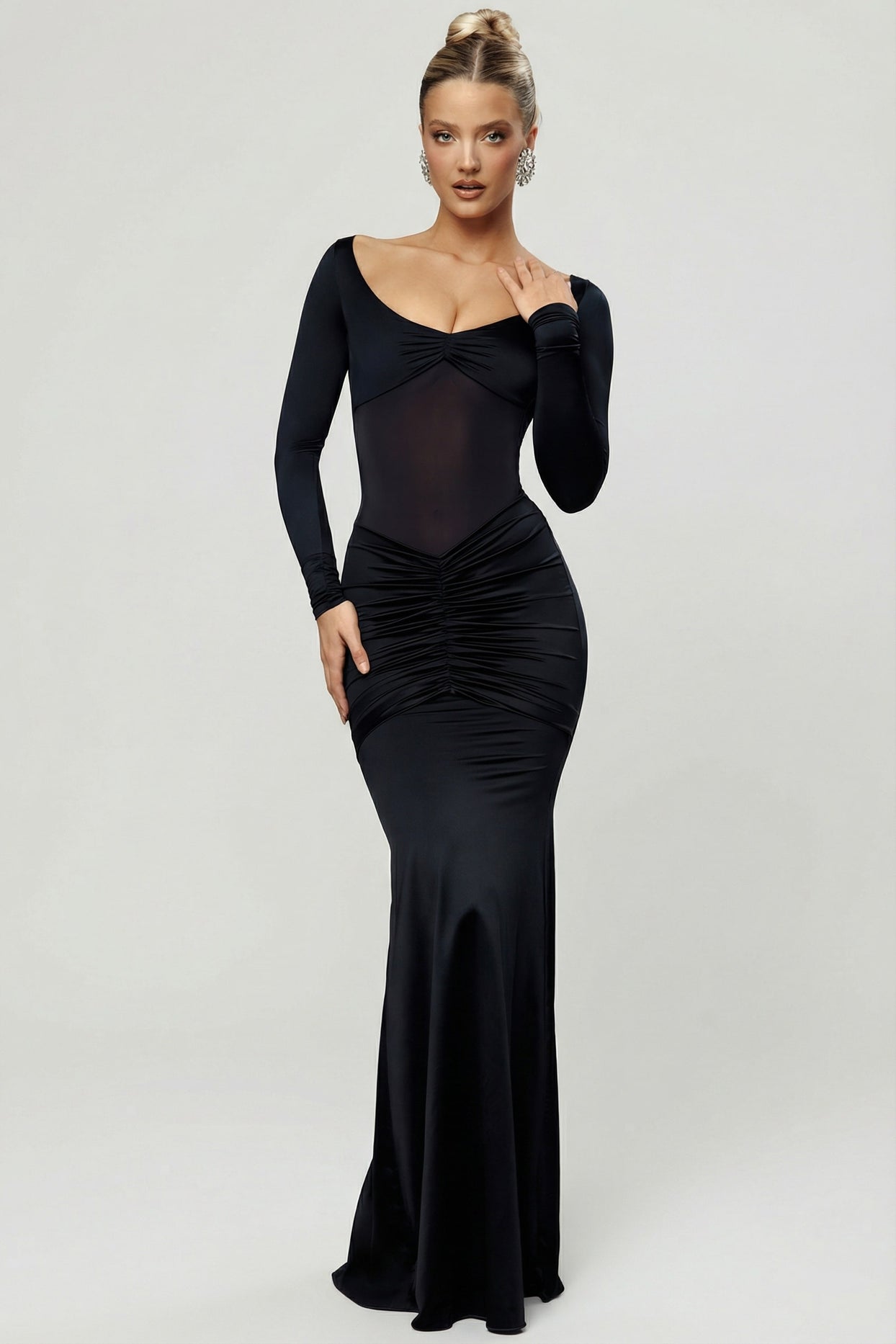Bow-Detail Ruched Maxi Dress in Black - 8