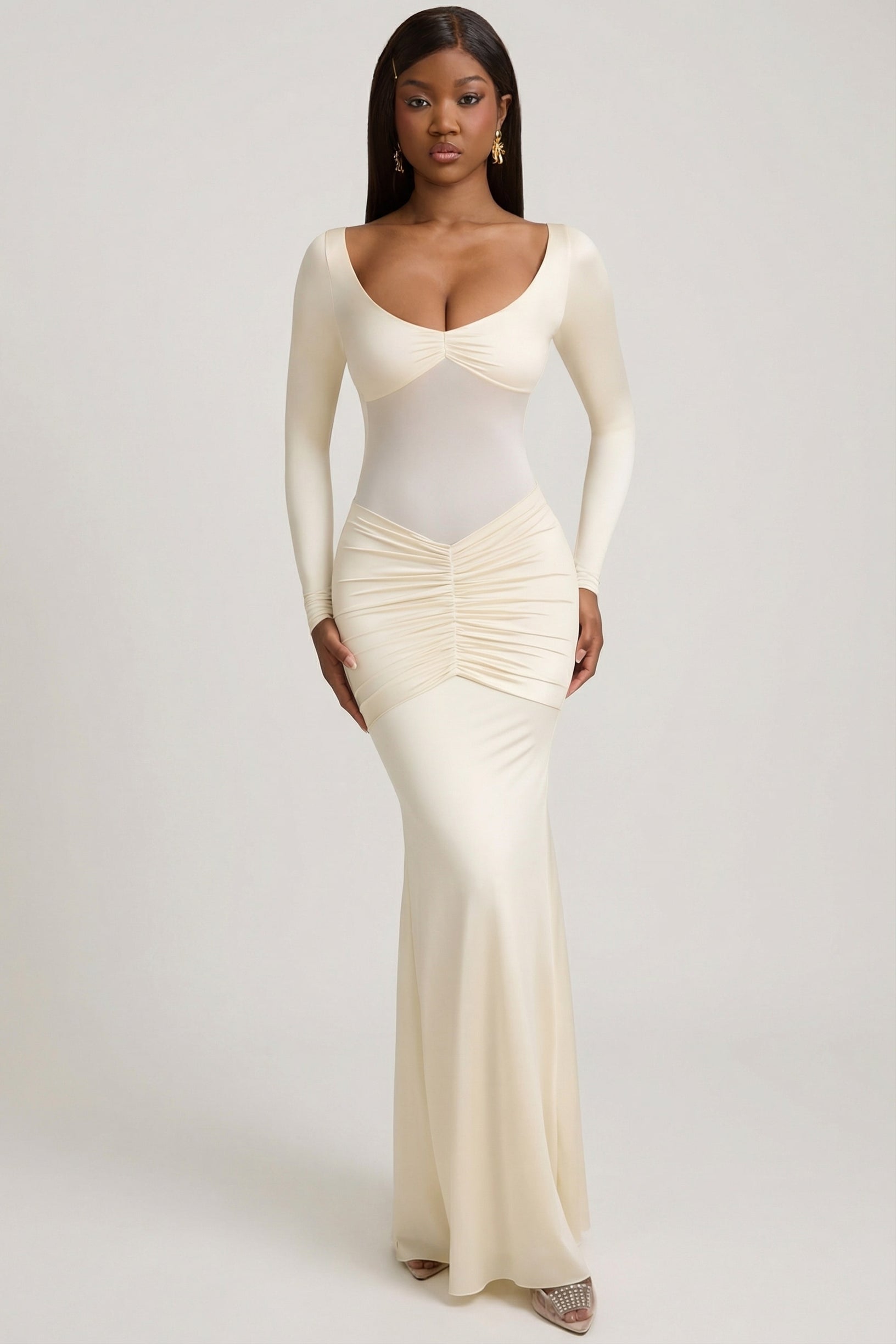 Bow-Detail Ruched Maxi Dress in Ivory - 1
