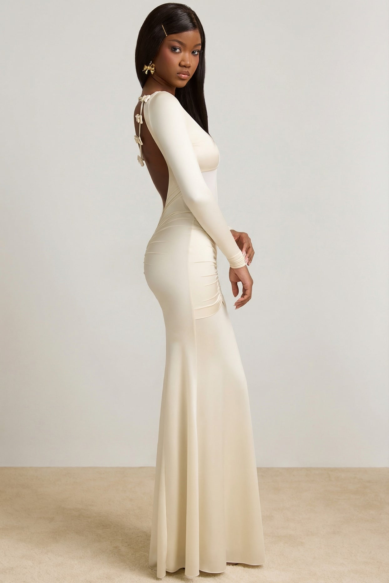 Bow-Detail Ruched Maxi Dress in Ivory - 4