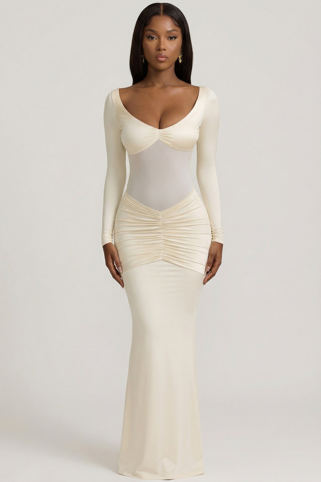 Bow-Detail Ruched Maxi Dress in Ivory - 6