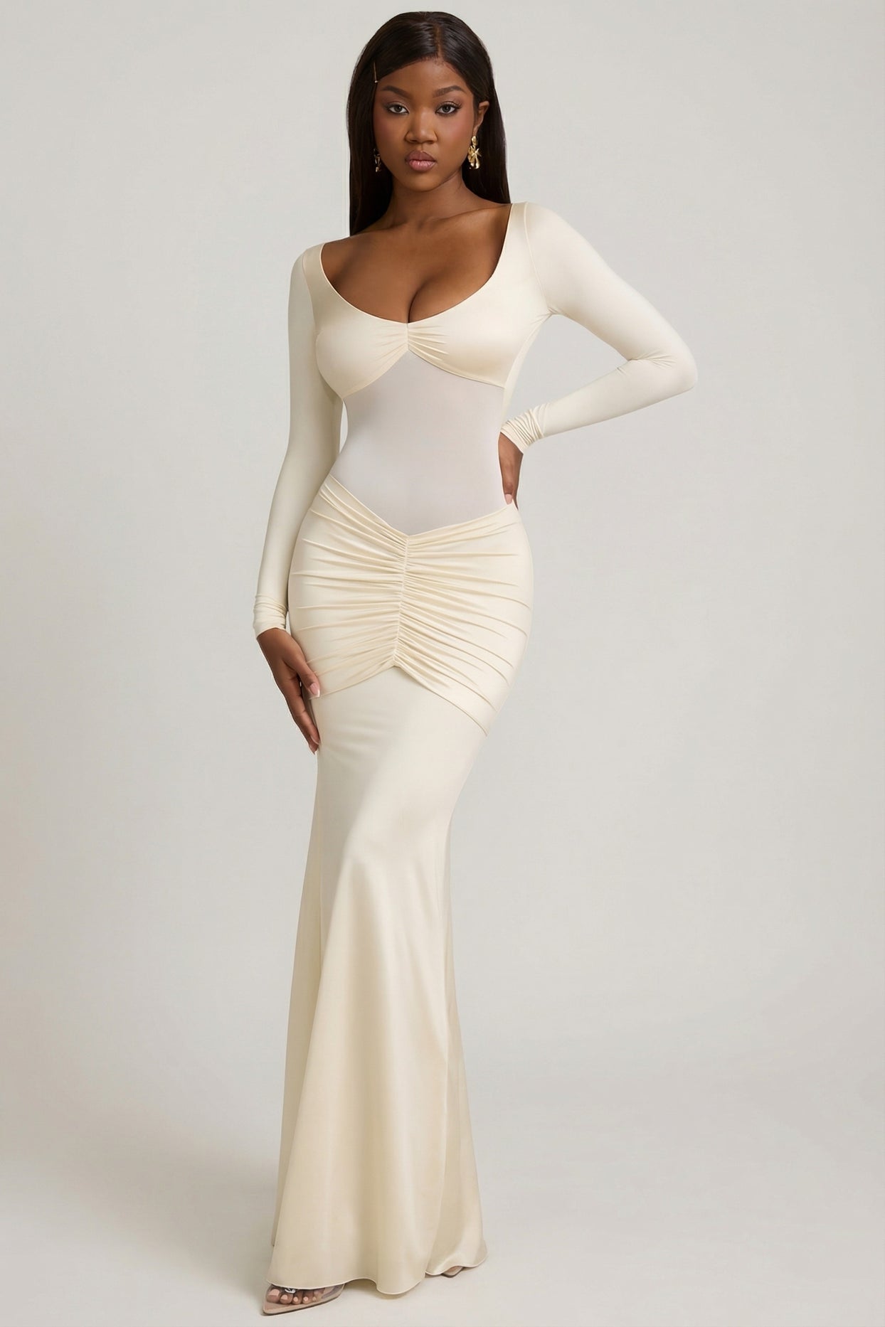 Bow-Detail Ruched Maxi Dress in Ivory - 7