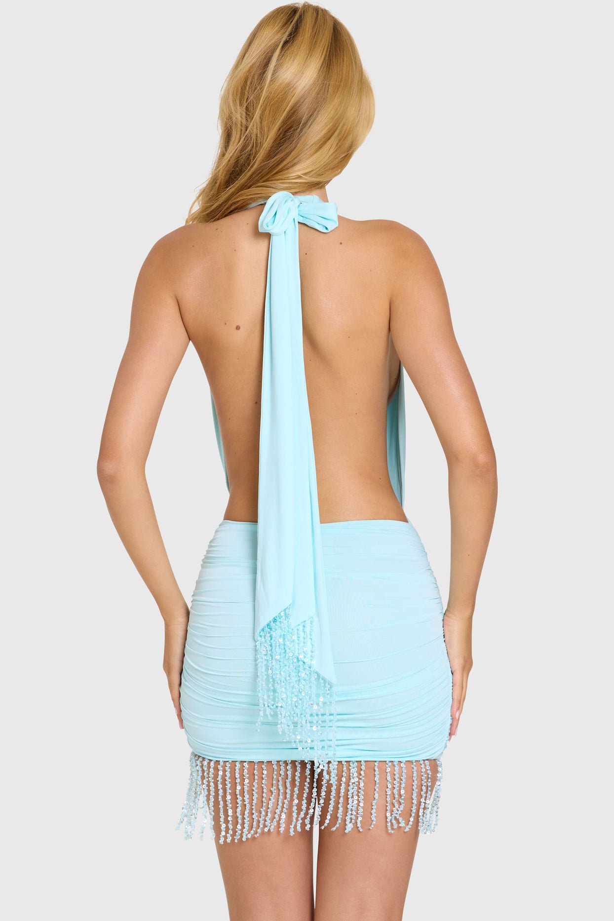 Fringed Halterneck Mini Dress in Aqua - 6