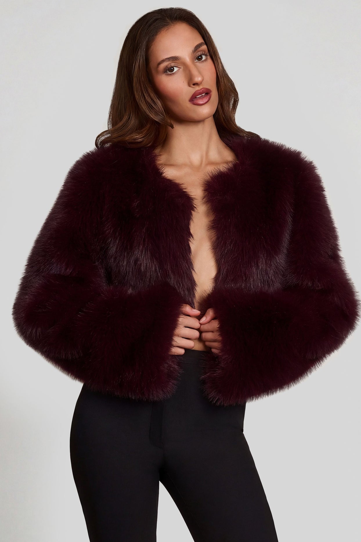 Faux Fur Cropped Bolero in Wine - 1
