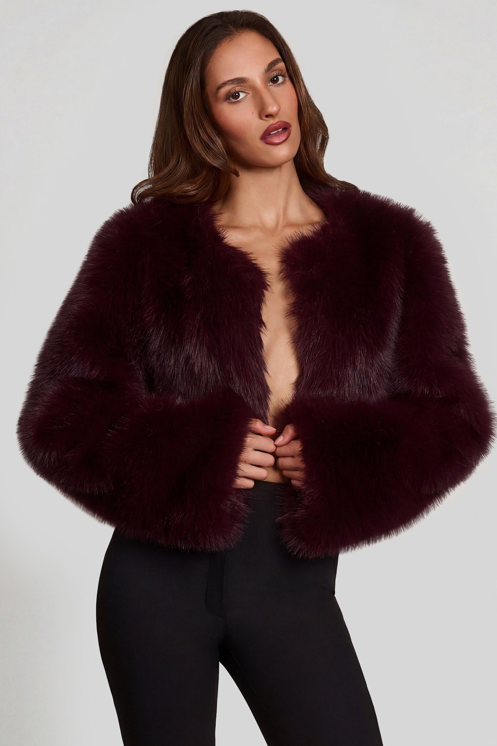 Faux Fur Cropped Bolero in Wine - 1