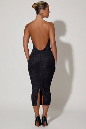 Ruched Backless Bodycon Midaxi Dress in Black